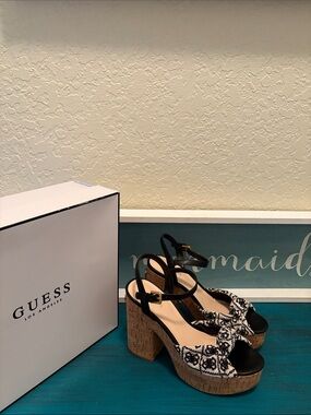 GUESS Black & White Patterned Cork Platform Sandals